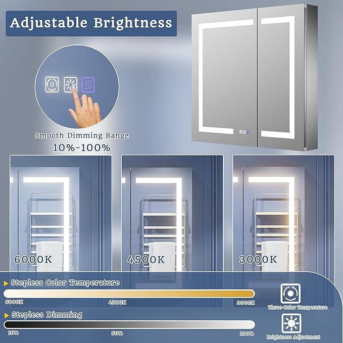 ExBrite LED Lighted Bathroom Medicine Cabinet with Mirror, 32 x 30 Inch, Recessed or Surface Mount, Anti-Fog, Stepless Dimming, Color Temperature Change, Built-in 6000K Sensor Light, Storage Shelves