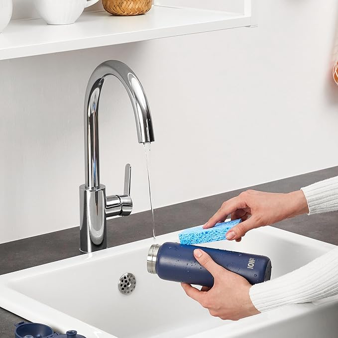 ION8 Steel Water Bottle, 600 ml/20 oz, Leak Proof, Easy to Open, Secure Lock, Dishwasher Safe, Flip Cover, Fits Cup Holders, Carry Handle, Durable, Scratch Resistant, Carbon Neutral, Navy Blue