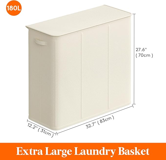 Lifewit Triple Laundry Hamper with Lid and Removable Laundry Bags, Large Collapsible 3 Dividers Dirty Clothes Basket with Handles for Bedroom, Laundry Room, Closet, Bathroom, College, 180L White