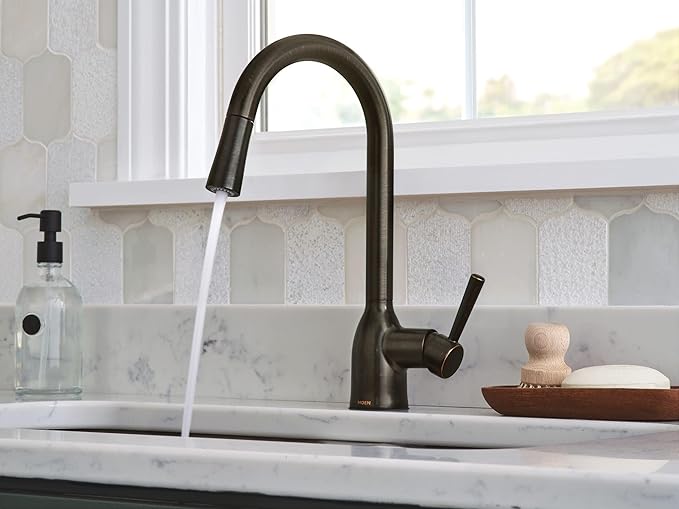 Moen Adler Mediterranean Bronze One-Handle High Arc Modern Kitchen Faucet with Power Clean and Pull Down Spray Head, 87233BRB