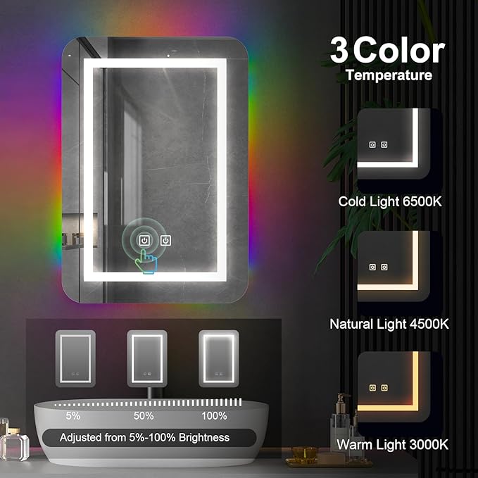 Recessed Medicine Cabinets for Bathroom Medicine Cabinet with Mirror,RGB LED Medicine Cabinet with Lights,3-Color Lighted Medicine Cabinets Wall Mounted,Bathroom Mirror with Storage 16x24