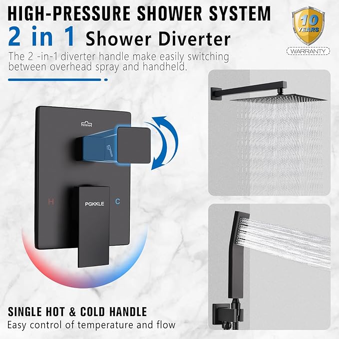 12 Inch Rainfall Shower System - Wall Mounted Complete Combo with Solid Brass Pressure Balancing Valve, High Pressure Shower Head, Handle Set & Installation Accessories Matte Black