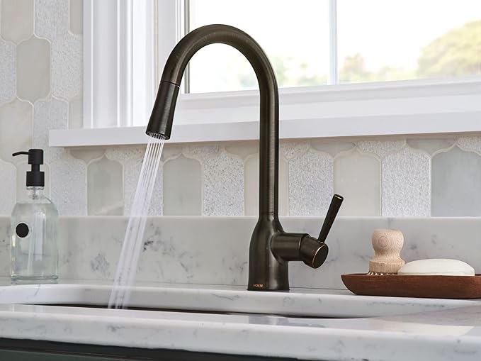 Moen Adler Mediterranean Bronze One-Handle High Arc Modern Kitchen Faucet with Power Clean and Pull Down Spray Head, 87233BRB
