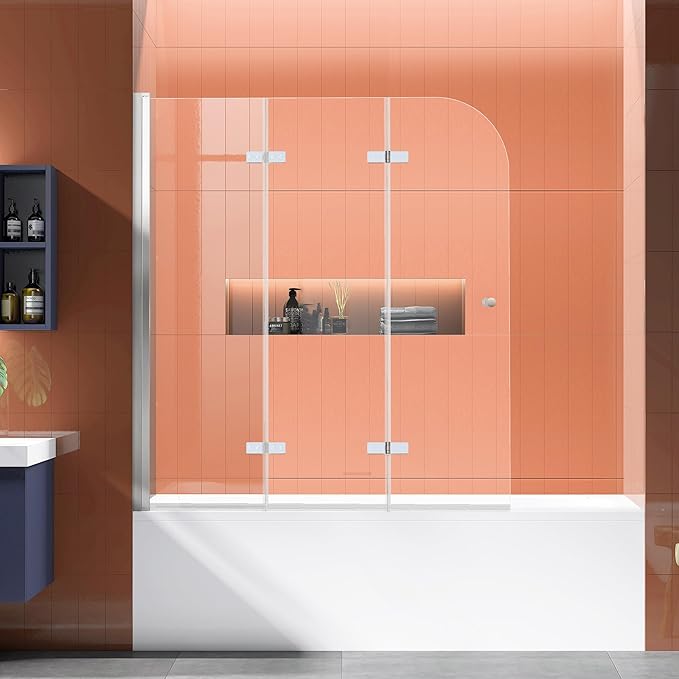 Bathtub Shower Doors 51.2-51.8 in. W × 59 in. H, 1/4" (6mm) Clear Tempered Glass Shower Door, Framless Bi-fold Triple Glass Panels Shower Door with Clamps, Chrome