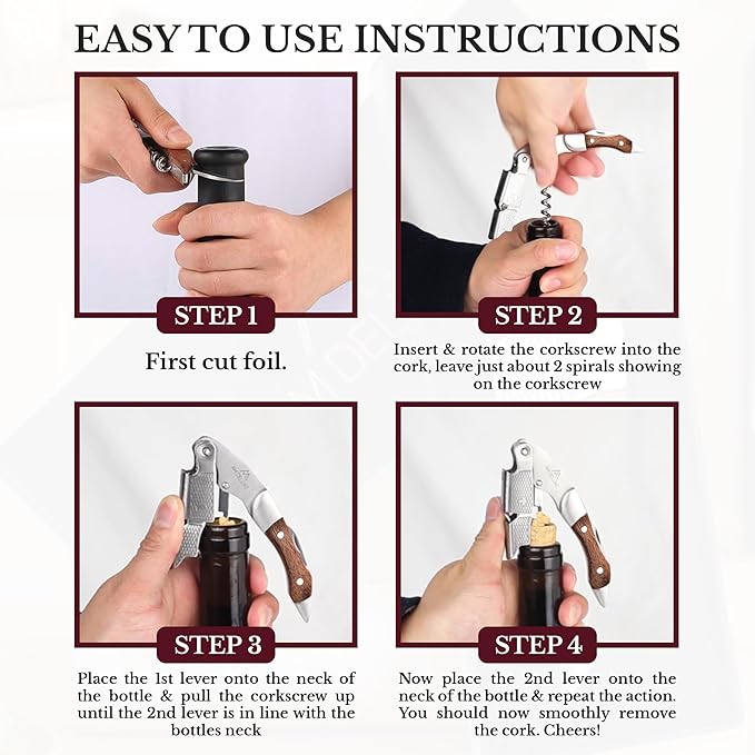 Premium AM DELUXE Waiter Corkscrew Wine Opener - Wine Key For Servers Bartenders, Heavy Duty Stainless Steel With Rosewood Inlay, Serrated Foil Cutter, Cork Screw Wine Bottle Opener, Magnetic Gift Box