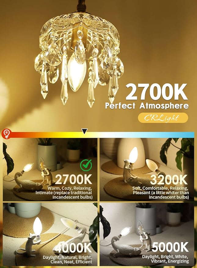 CRLight 6W Dimmable LED Candelabra Bulb 80W Equivalent 800LM, 6 LED Filament Real 6W Chandelier Light Bulbs, 2700K Warm White E12 Base, B11 Candle Torpedo Clear Glass Decorative Bulb, 8 Pack