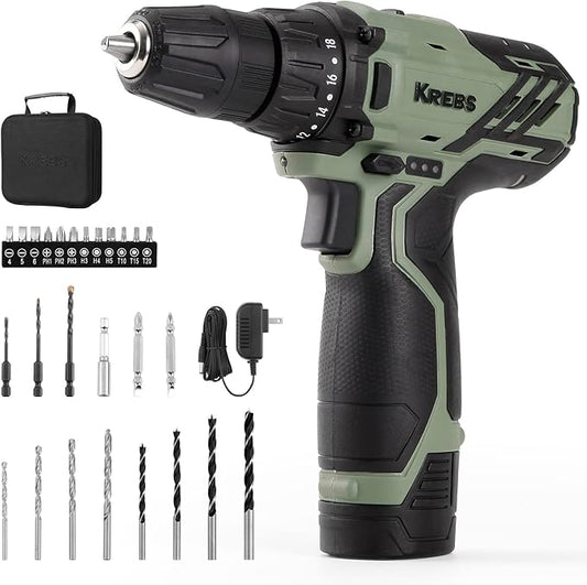 KREBS 12V Cordless Drill Set with 1.5Ah Battery & Fast Charger, 3/8-Inch Keyless Chuck 245 In-lbs 2 Variable Speed 18+1 Torque Setting with LED Electric Drill