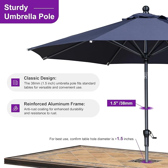 PURPLE LEAF 9' Round Patio Umbrella Outdoor Table Umbrella Aluminum Frame Market Umbrella Sun Umbrella with 8 Sturdy Ribs Tilt for Garden Deck Lawn Pool Navy Blue