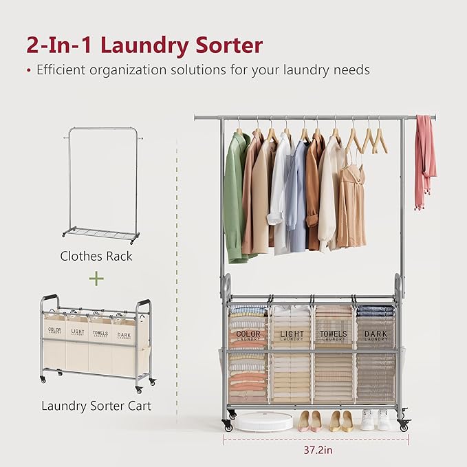 Tajsoon Laundry Hamper with Hanging Rack, Laundry Sorter 4 Sections, 4 Basket Butler with Lockable Wheels and Removable Bag, Rolling Laundry Cart for Bedroom, Beige