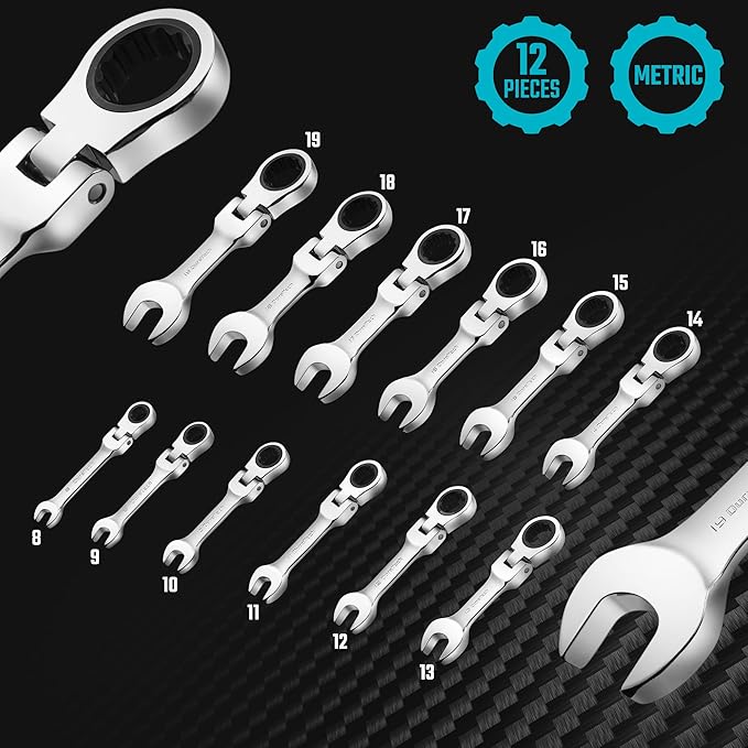 DURATECH Stubby Flex-head Ratcheting Combination Wrench Set, Metric, 12-piece, 8-19mm, CR-V Steel, with Pouch