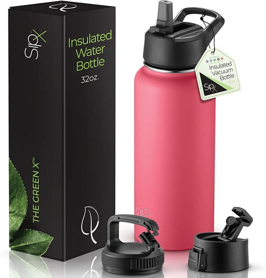 SipX™ Triple-Insulated Stainless Steel Water Bottle 32oz. With 3 Lids, BPA-Free Reusable Insulated Water Bottle Keeps Cold 24 Hours, Metal Water Bottle Made Of Sustainable Material For Hiking & Biking