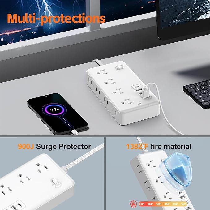 5FT Surge Protector Flat Extension Cord, ETL Listed Flat Plug Power Strip, 8 AC Outlets, 4 USB Charger(1 USB C Port),1700 Joules Protection, Office Supplies, Dorm Room Essentials White