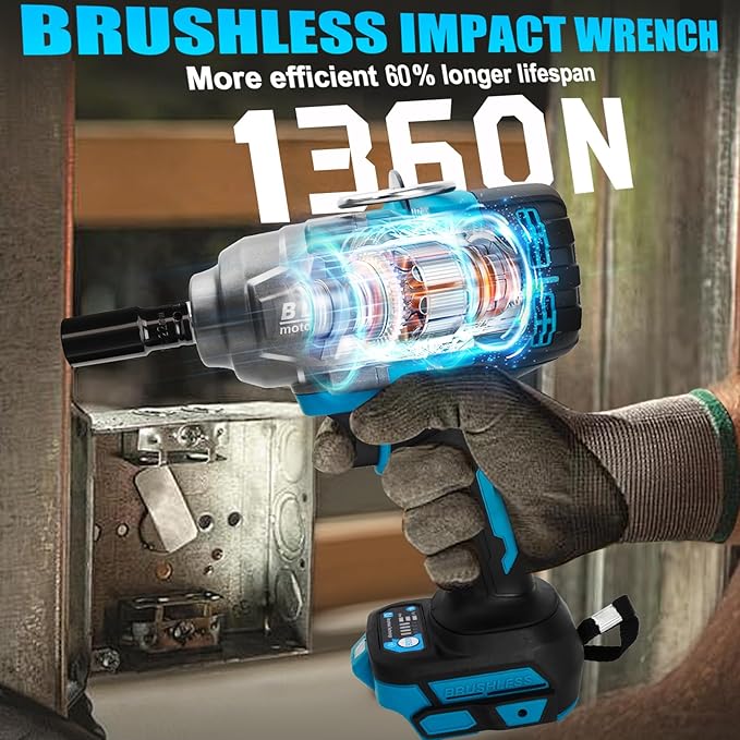 Cordless Impact Wrench 1/2" for Makita 18V Battery, Impact Wrench 1000FT-LBS(1360N.m) High Torque Brushless Electric Impact, with 4 Modes Power Impact Driver for Car, Truck, Mower (No Battery)
