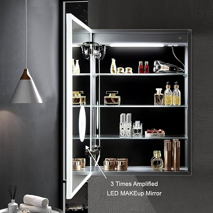 Blossom LED Lighted Mirror Medicine Cabinet, 20x32 Inch, Left Hinge | Recessed or Surface Bathroom LED Medicine Cabinet with Mirror, Defogger, 3 Color Dimmer | 3X Makeup Mirror, Outlets & USB Ports