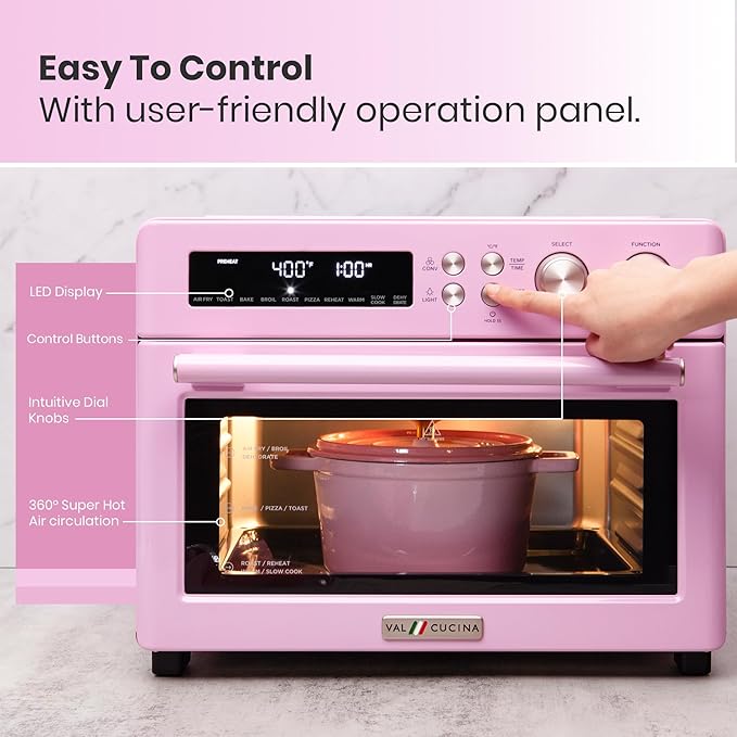 VAL CUCINA Retro Style Infrared Heating Air Fryer Toaster Oven, Extra Large Countertop Convection Oven 10-in-1 Combo, 6-Slice Toast, Enamel Baking Pan Easy Clean with Recipe Book, Classic Pink Color