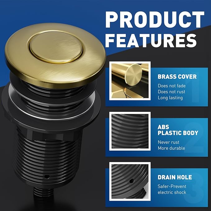 Garbage Disposal Air Switch Kit Sink Top Waste Disposal Long Stainless Steel Black On/Off Air Button Food and Waste Disposals Part, UL Listed