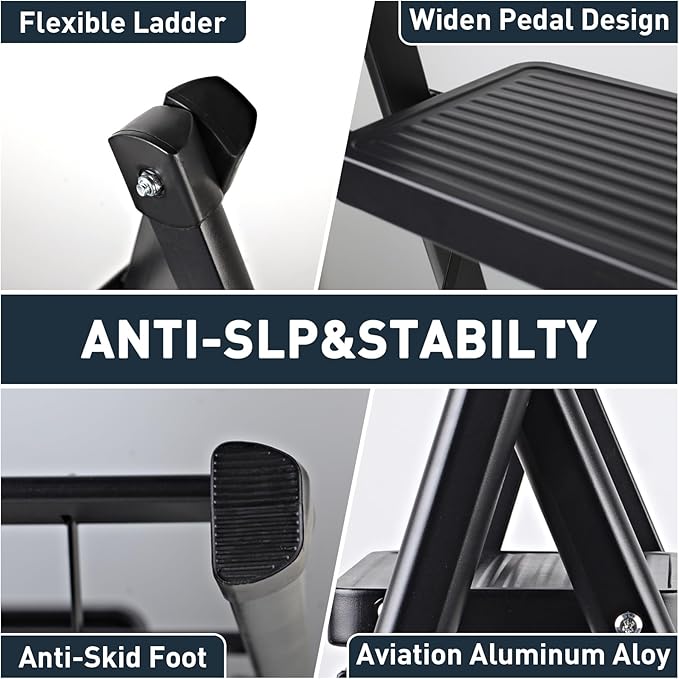 2-Step Ladder, Folding Step Stool for Kitchen/Closet/Garage, Sturdy & Lightweight Aluminum Handy Ladder, 250 lbs Capacity, Anti-Slip Pedals, Compact & Portable for Home DIY & Everyday Use