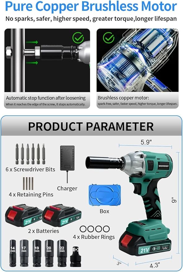 Cordless Impact Wrench, 1/2 Impact Gun, 2 Batteries, Pistola de Impacto, with 5 Sockets, Electric Impact Driver for Car Tires and Home DYL