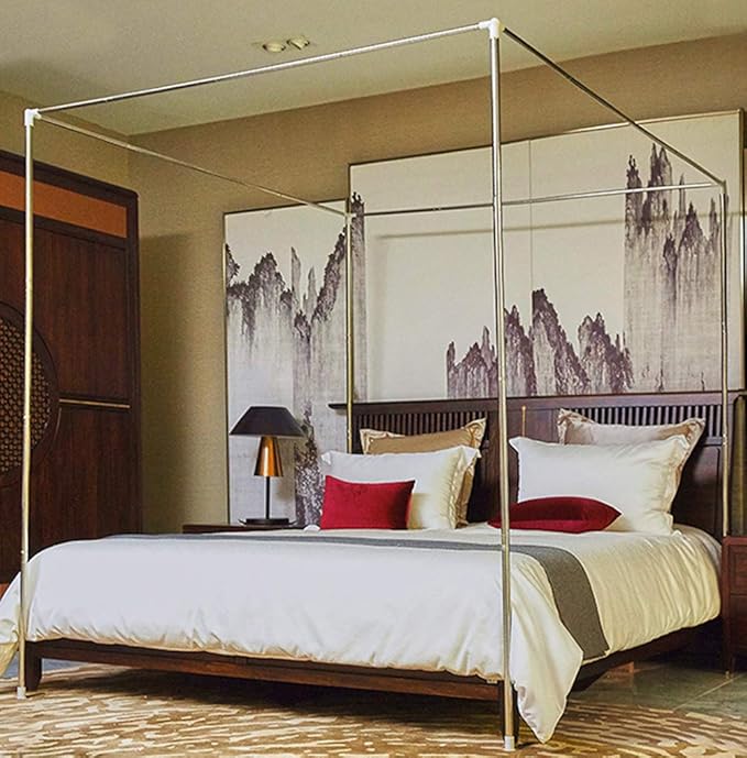 Mengersi Silver Canopy Bed Frame Post Full Size Stainless Steel Four Corner Bed Mosquito Net Frame Bracket Fit for Metal Bed Wood Bed