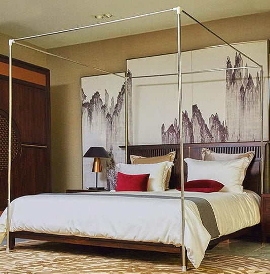 Mengersi Silver Canopy Bed Frame Post Full Size Stainless Steel Four Corner Bed Mosquito Net Frame Bracket Fit for Metal Bed Wood Bed