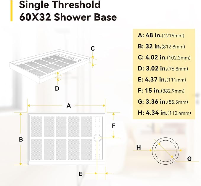 Sunrosa Shower Base 48"×32"×4", Single Threshold Shower Bases with Right Drain, Rectangle Solid Surface White Shower Pan, Slip Resistant Textured Surface, Include Stainless Steel Chrome Cover