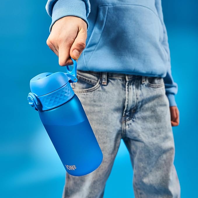 Ion8 Small Water Bottle, 350 ml/12 oz, Leak Proof, Easy to Open, Secure Lock, Dishwasher Safe, BPA Free, Carry Handle, Hygienic Flip Cover, Easy Clean, Odor Free, Carbon Neutral, Blue