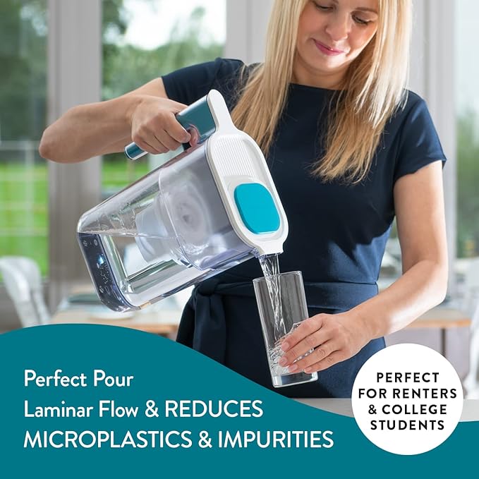 Perfect Pour Large 10 Cup Water Filter Pitcher by Aqua Optima, Reduces Microplastics, Ergonomic, Eliminates Splashes and Spills, BPA Free, NSF Certified, Includes 3 Evolve+ Water Filters, Blue