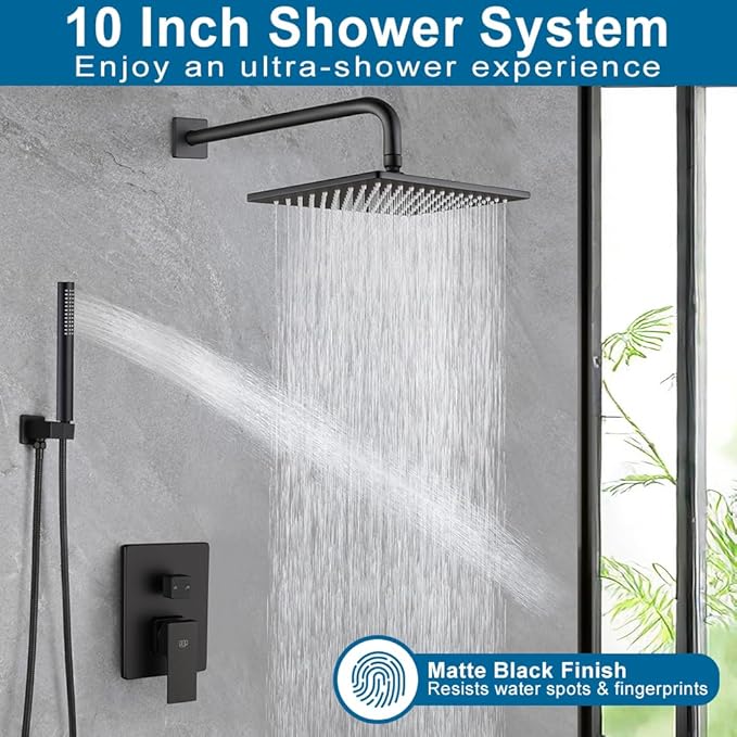 POP SANITARYWARE Matte Black Shower Faucet Set Rainfall 10 Inch Shower Head and Handle Set Bathroom Rain Shower System Wall Mounted Shower Fixture Include Shower Valve and Trim Kit