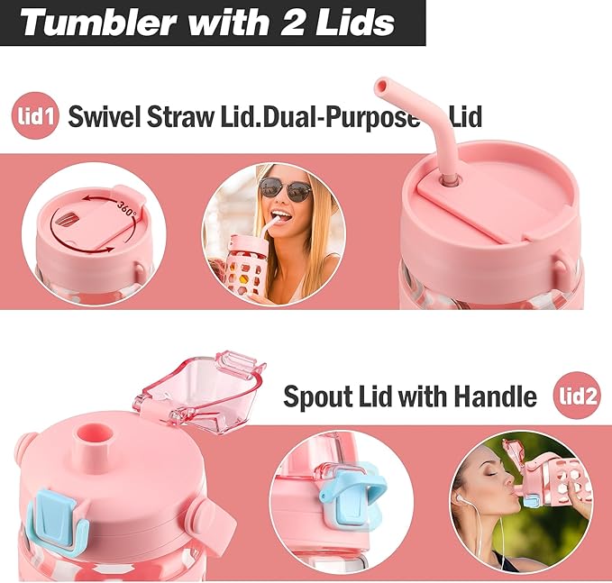 MUKOKO 32 oz Glass Tumbler with Straw,Glass Water Bottles with Time Marker,Iced Coffee Cup with 2 Lids-Handle Spout Lid&Straw Lid,Silicone Sleeve,Leakproof,1 Pack-Pink