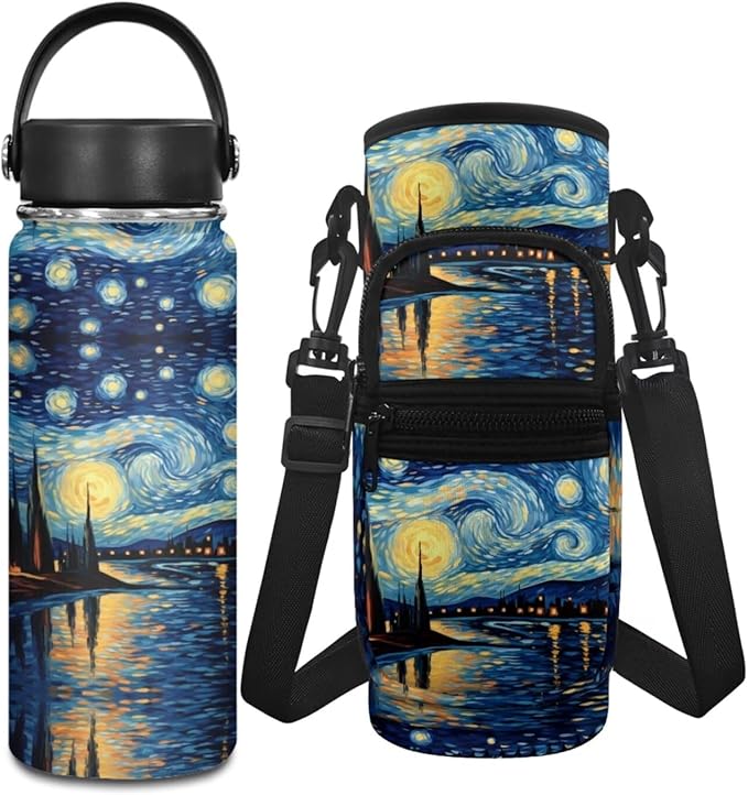 Oil Painting Stainless Steel Water Bottle for Girls Starry Sky 20 OZ Insulated Water Bottle and Water Bottle Carrier Bag Set Reusable Water Bottle