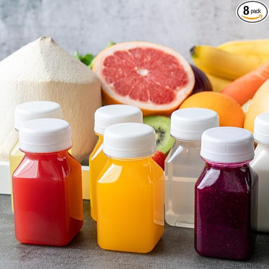 Norcalway 8pcs 2oz Small Plastic Bottles for Liquids - Ginger Shot Lids, Wellness Juice Freezer Safe, Leak Proof, Food Grade Bottles