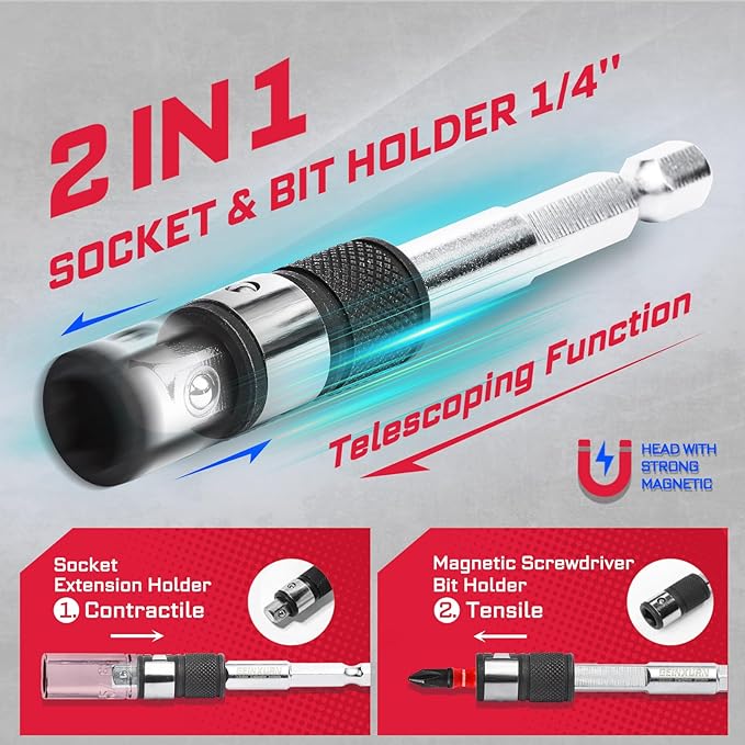 37Pieces Impact Screwdriver Bit & Socket Set with Mini Ratcheting Wrench, 30Pcs Impact S2 Screwdriver Bits Set, 5Pcs SAE Sockets and 2-In-1 Bit Extension Holder Repair Tools