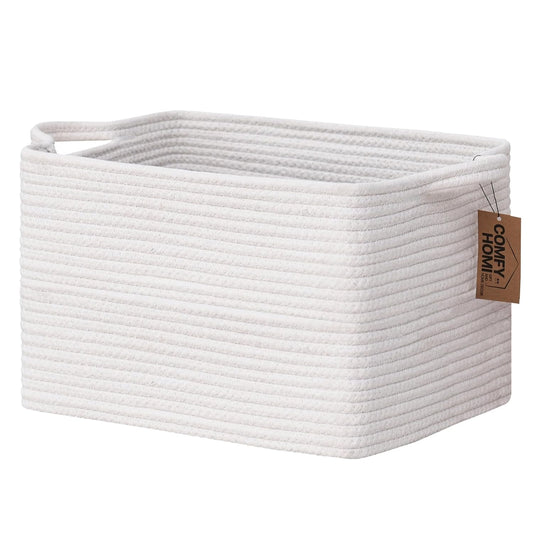 COMFY-HOMI Cotton Rope Woven Basket with Handles for Shelves,Toys,Book, Cloth Storage Baskets Bin for Organizing-13.5"x11"x9.5" Toy Decorative Organizer for Living Room, Bathroom-All White