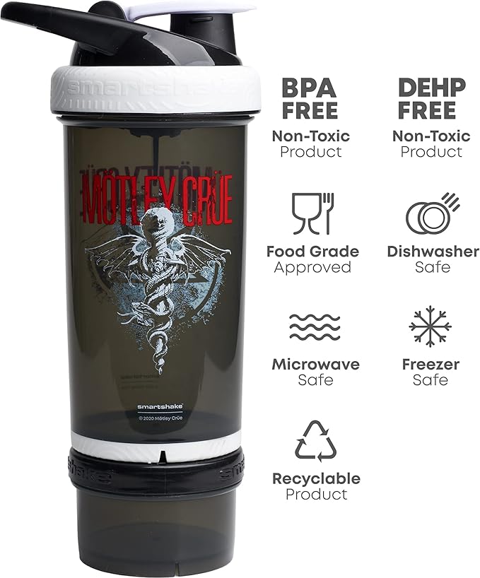 Smartshake Revive Motley Crue Protein Shake Bottles 750ml – Protein Shaker Bottle with Storage Compartment – Shaker Cups for Protein Shakes + Powder, Rock Band Collection