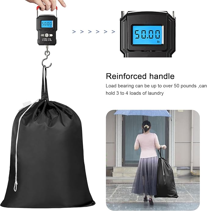 Polecasa Heavy Duty Large Laundry Bag with 130gsm Tear Resistant Fabric, ID Tag and Handles, Easy to Carry Dirty Clothes Drawstring Bag, Perfect for College Dorm, Travel, 28”x36”, Black