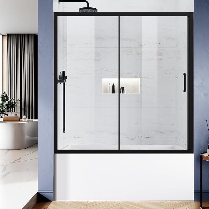 Bathtub Shower Glass Door 57"-59" W*60" H, Single Sliding Shower Doors, 1/4"(6mm) Thick Clear Tempered Glass Door, Matte Black