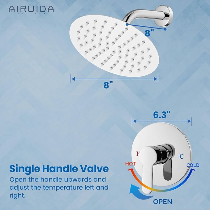Airuida Shower Faucet Set,8 Inch Round Rainfall Shower Head,SUS304 Stainless Steel Single Handle Shower Trim Kit,Wall Mount Bathroom System with Male Threads Valve Chrome Polish