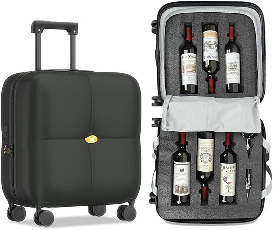 Wine Suitcase, 6 Bottle Wine Luggage, Durable Wine Travel Case, Fly With Wine Suitcase with TSA Lock, Versatile Wine Carrier with Removable Inserts and Silent Spinner Wheels（Black）