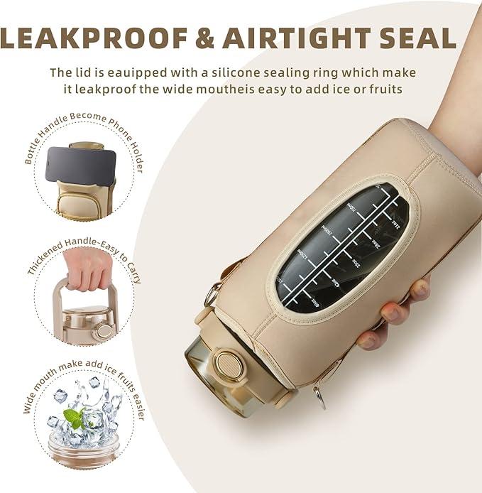 Half Gallon 64oz Glass Water Bottle with Straw and Storage Sleeve Motivational Water Bottle with Strap and Time to Drink 2L Leakproof Reusable Water Jug for Fitness Gym and Outdoors