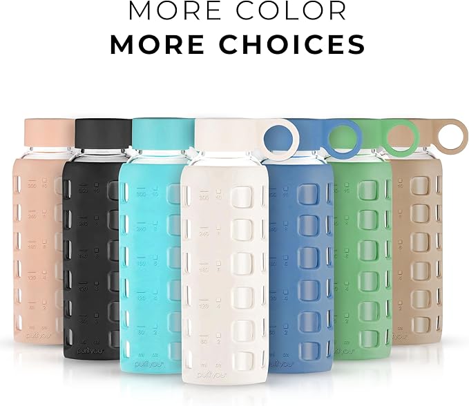 purifyou Premium Glass Water Bottles, 40/32 / 22/12 oz Reusable Drinking Bottle with Time & Volume Markings Silicone Sleeve & Stainless Steel Lid for Water, Coffee, & Fruit Juice (12oz Pearled Ivory)