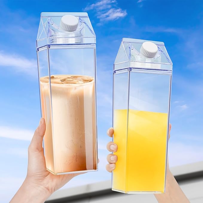 KALYLOC 4Pcs 34 Oz Milk Carton Water Bottle, Clear Plastic Square Milk Bottles, Portable Reusable Milk Box Juice Water Container for Travelling Sports Camping Outdoor Activities (Clean 4pcs)