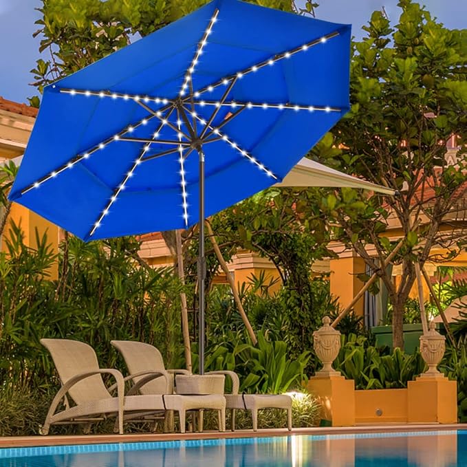 EliteShade USA Solar 9ft 3 Tiers Market Umbrella with 80 LED Lights Patio Umbrellas Outdoor Table with Ventilation and 5 Years Non-Fading Top,Royal Blue