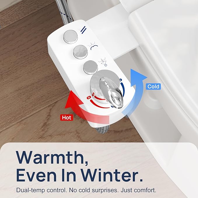 Bidet Attachment for Toilet. Dual Nozzles with Feminine & Rear Wash, Hot and Cold Water, 3-Button Control, Adjustable Pressure & Temperature, Self-Cleaning Sprayeres, Easy Install by Yourself.