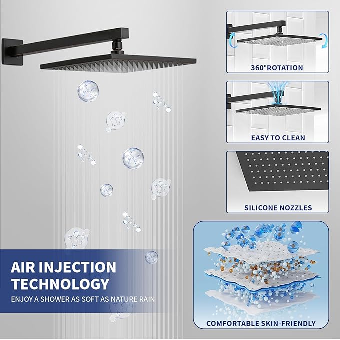 BWE Shower Faucet Oil Rubbed Bronze 12 Inch Square Bathroom Luxury Rain Mixer Shower Combo Set 2-Functions Wall Mounted Rainfall Shower Head System Rough-in Valve Body and Trim Included