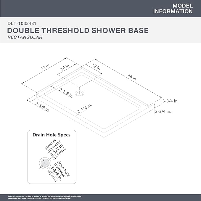 DreamLine SlimLine 32 in. D x 48 in. W x 2 3/4 in. H Left Drain Double Threshold Shower Base in White