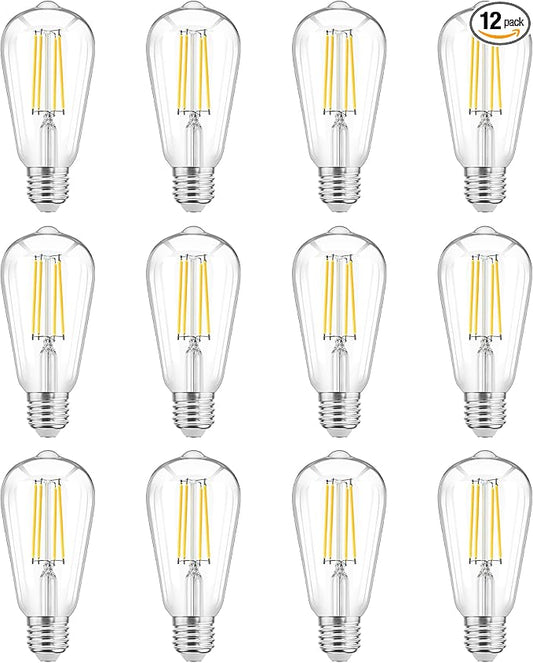 WIHTU LED Light Bulbs, Bright Vintage 6W LED Edison Bulbs, St58 2700K Warm Light with CRI 85+, E26 Standard Base, 900LUM, Non-Dimmable, Clear Glass, Pack of 12