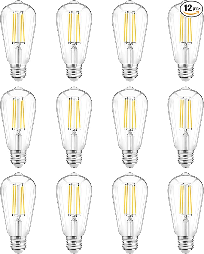 WIHTU LED Light Bulbs, Bright Vintage 6W LED Edison Bulbs, St58 5000K Warm Light with CRI 85+, E26 Standard Base, 900LUM, Non-Dimmable, Clear Glass, Pack of 12