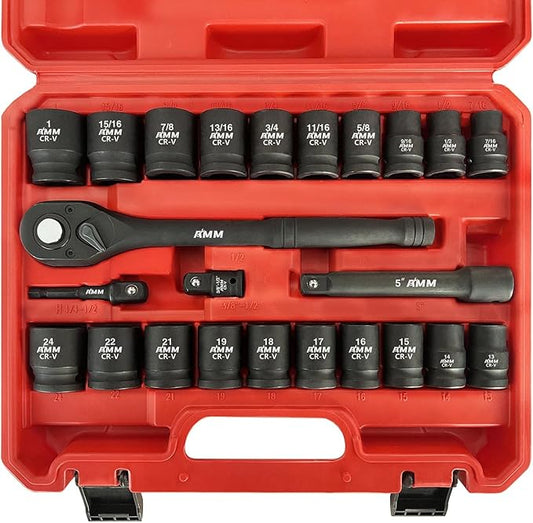 AMM 1/2" Drive Master Impact Socket Set, 24-Piece Shallow Standard SAE (7/16-Inch to 1-Inch) & Metric (13-24 mm) Sizes, Socket Assortment with Ratchet Handle，Cr-V Steel