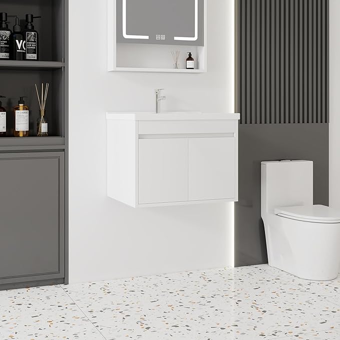 24'' Bathroom Vanity with Ceramic Sink Combo, Wall Mounted Small Bathroom Vanity with Soft-Close Door Modern Floating Cabinet, Pop-up Drain, P-Trap Included, White(No Faucet)