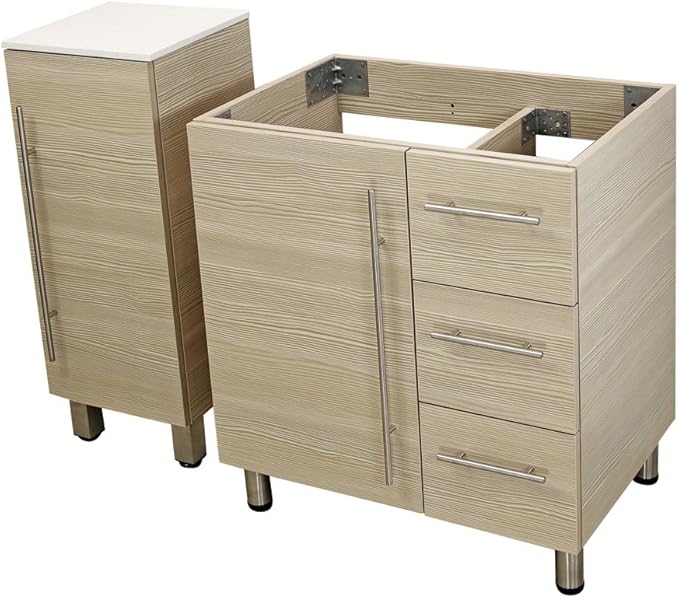 30" Freestanding Bathroom Vanity, Tan. White Integrated Countertop